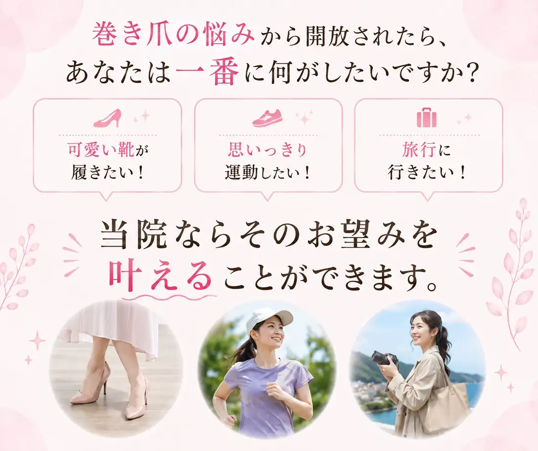 巻き爪の悩みから開放されたら、あなたは一番に何がしたいですか？可愛い靴が履きたい／思いっきり運動したい／旅行に行きたい。当院ならそのお望みを叶えることができます。